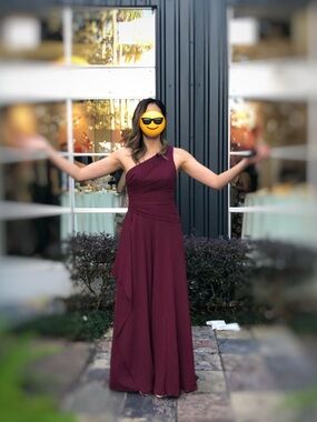 David's Bridal One-Shoulder Georgette Cascade Dress in Wine Sz 4